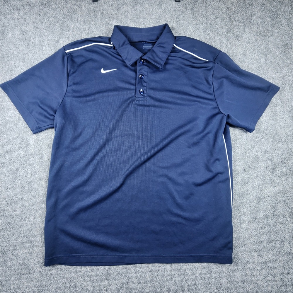 Nike Dri-FIT Mens Large Navy Blue Short Sleeve Golf Polo Shirt White Piping